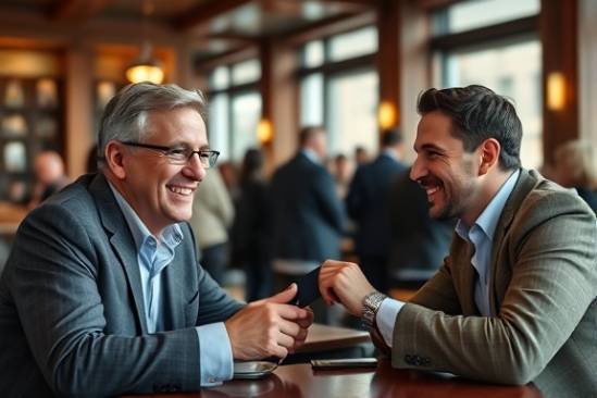 social investor connection, warm smile, exchanging business cards, photorealistic, upscale cafe with wooden interiors, highly detailed, background chatter of people, DSLR quality, earthy tones, soft ambient lighting, shot with a 35mm lens.