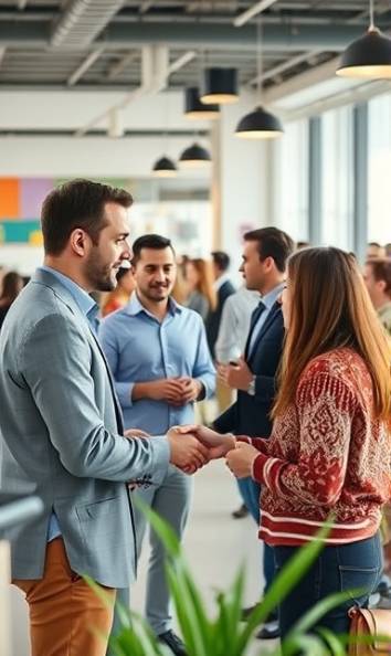 community investor interaction, lively networking, discussing strategy, photorealistic, open-plan co-working space with colorful decor, highly detailed, animated discussions and handshakes, ultra-high-definition, vibrant colors, diffused natural light, shot with a 24mm lens.