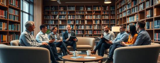 intellectual investor community, brainstorming session, sharing insights, photorealistic, library setting with bookshelves and modern seating, highly detailed, exchanging knowledge, 4K clarity, natural earth tones, soft overhead light, shot with a 40mm lens.