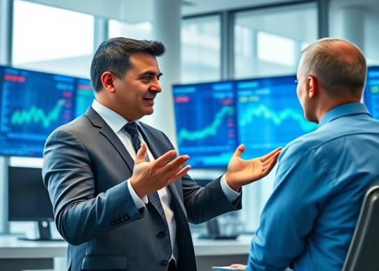 innovative investment advice, confident recommendation, empowering clients, photorealistic, modern office with digital screens displaying stock tickers, highly detailed, subtle hand movements, crisp resolution, blue hues, diffused natural light, shot with a 35mm lens.