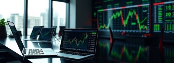 cutting-edge investment tools, focused attention, utilizing technology, photorealistic, sleek office desk with laptops and tablets open to market analysis, highly detailed, scrolling data feeds, ultra-sharp focus, deep greens and blacks, soft overhead lighting, shot with a 24mm lens.