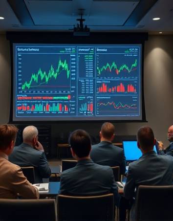 complex investment charts, intense scrutiny, analyzing trends, photorealistic, conference room with a large projection screen showing dynamic market graphs, highly detailed, interactive presentations, vibrant color accuracy, cool grey palette, directional spotlighting, shot with an 85mm lens.