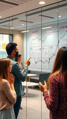 insightful investment insights, understanding market movements, conveying understanding, photorealistic, collaborative workspace with people brainstorming and drawing on glass walls, highly detailed, hands gesturing, high fidelity, varied pastels, soft diffuse lighting, shot with a 28mm lens.