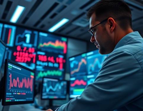 intricate market analysis, focused, interpreting, photorealistic, modern office with screens displaying data, highly detailed, swirling lines of numbers, Nikon D850