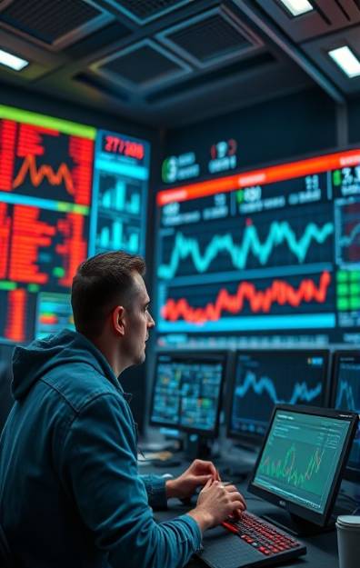 complex market data, curious, examining, photorealistic, futuristic command center with holographic displays, highly detailed, streaming data particles, Sony A7R IV