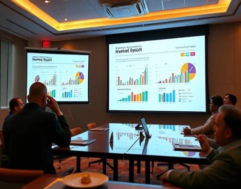 informative market report, reflective, presenting, photorealistic, conference room with digital projectors, highly detailed, charts coming to life, Fujifilm GFX 100