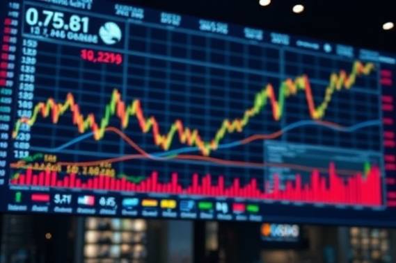 predictive market forecast, insightful, predicting, photorealistic, large screen in a financial hub with trend lines, highly detailed, time-lapse of shifting graphs, Leica SL2