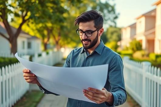 Energetic real estate buyer, enthusiastic, examining house blueprints, photorealistic, suburban neighborhood setting with white picket fences, highly detailed, gentle breeze rustling tree leaves, 8K resolution, soft pastel colors, ambient daylight, shot with a 35mm lens.