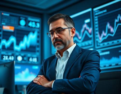Cautious real estate investor, focused, analyzing market trends, photorealistic, high-tech office environment, highly detailed, digital market analytics projecting on walls, 16K resolution, cool blue tones, artificial indoor lighting, shot with an 85mm lens.