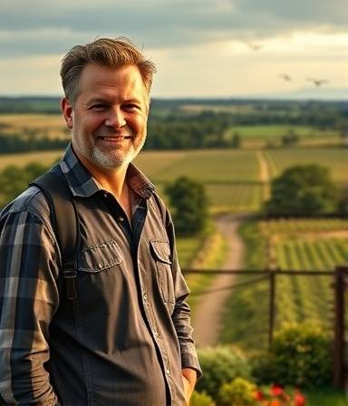 Friendly real estate agent, approachable, offering property tour, photorealistic, countryside estate with vast greenery, highly detailed, birds flying in the distance, 12K resolution, earthy colors, natural morning light, shot with a 24mm lens.