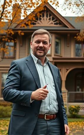 Determined real estate seller, assertive, negotiating deals, photorealistic, classic home with intricate architecture, highly detailed, leaves falling gently, 4K resolution, warm autumn colors, overcast lighting, shot with a 70mm lens.
