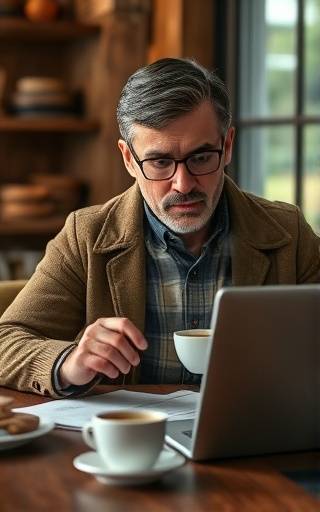Curious real estate advisor, analytical, reviewing property history, photorealistic, cozy café with open laptop, highly detailed, steam rising from coffee, 10K resolution, rustic browns, soft diffused lighting, shot with a 50mm lens.