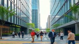 value-driven real estate, committed, evaluating options, photorealistic, modern business district with eco-friendly buildings, highly detailed, commuters passing by, sharp focus, vibrant hues, natural daylight, shot with a Sony 35mm lens.