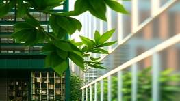 purposeful real estate, intentional, building success, photorealistic, avant-garde office spaces with lush greenery, highly detailed, leaves rustling in the breeze, realistic textures, soft pastel shades, morning lighting, shot with a Nikon 50mm lens.