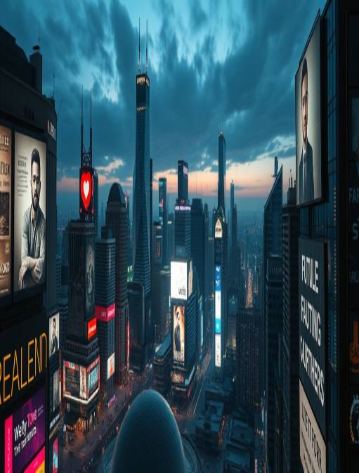 forward-thinking real estate visions, futuristic, shaping environments, photorealistic, expansive cityscape with digital enhancements, highly detailed, digital billboards flashing, ultra high-definition, monochromatic scheme, twilight glow, shot with a Hasselblad 40mm lens.