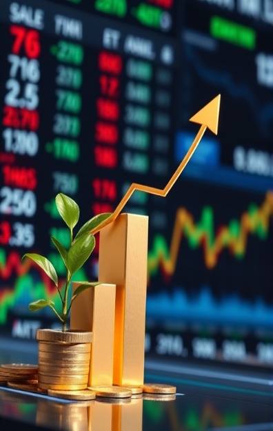 flourishing investment growth, optimistic, reviewing profit increase, photorealistic, digital financial dashboard background, highly detailed, animated currency exchange rates, technical precision, vibrant colors, bright daylight illumination, shot with a macro lens.