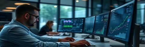 in-depth investment analysis, focused, using data analytics tools, photorealistic, sleek office environment with computers, highly detailed, dynamic graph transitions, realistic textures, muted color palette, under diffused lighting, shot with a 50mm lens.