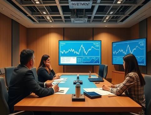 investment planning session, thoughtful, drafting future strategies, photorealistic, conference room with high-tech equipment, highly detailed, interactive digital charts on screens, systematic arrangements, natural earth tones, overhead lighting, shot with a standard lens.