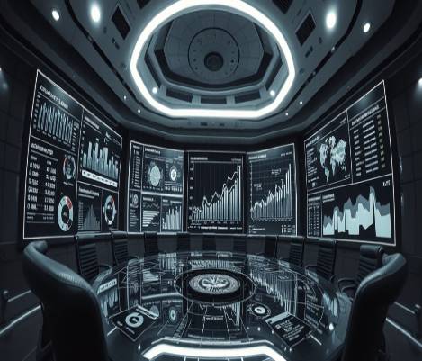 comprehensive investment strategy, visionary, mapping out portfolio management, photorealistic, futuristic financial boardroom setting, highly detailed, holographic data displays, innovative features, monochrome shades with highlights, ambient spotlighting, shot with a fisheye lens.