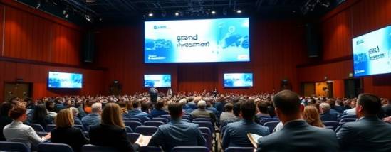 grand investment summit, focused professionals, presenting on stage, photorealistic, expansive auditorium with large projection screens, highly detailed, audience taking notes, corporate blue and white theme, soft spotlight lighting, shot with a 24mm lens.