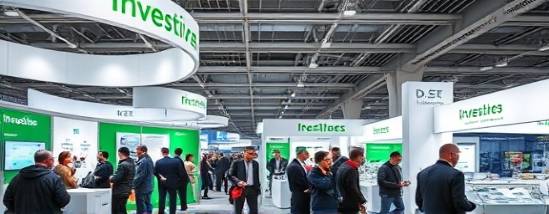 dynamic investment expo, curious attendees, exploring innovative booths, photorealistic, spacious exhibition hall with interactive displays, highly detailed, products and brochures on display, sleek silver and green theme, bright fluorescent lighting, shot with a 50mm lens.