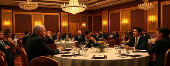 prestigious investment forum, thoughtful speakers, answering questions, photorealistic, elegant ballroom with round tables and intricate decorations, highly detailed, participants in formal attire, regal gold and burgundy theme, dim ambient lighting, shot with a 85mm lens.