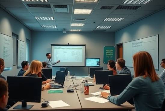 interactive investment seminar, engaged learners, participating in workshops, photorealistic, intimate classroom setting with whiteboards and computers, highly detailed, educational materials in use, calm teal and gray theme, focused overhead lighting, shot with a 70mm lens.