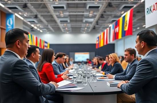 international investment conference, diverse panel of experts, exchanging ideas, photorealistic, high-tech convention hall with translation booths, highly detailed, flags and banners of multiple nations, inclusive global theme, balanced studio lighting, shot with a 28mm lens.